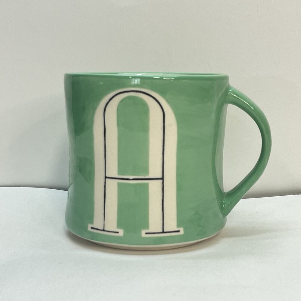 Anthropologie Letter "A" Initial Green Mug Hand Painted Ceramic Cup 12oz‎